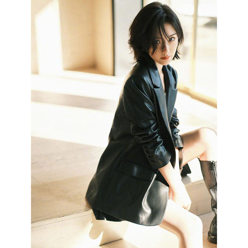 Fifty and Standing "Xiaotong's Same Style" Goatskin Genuine Leather Suit, Slim Fit Mid-Length Leather Jacket, Same Style as the Star