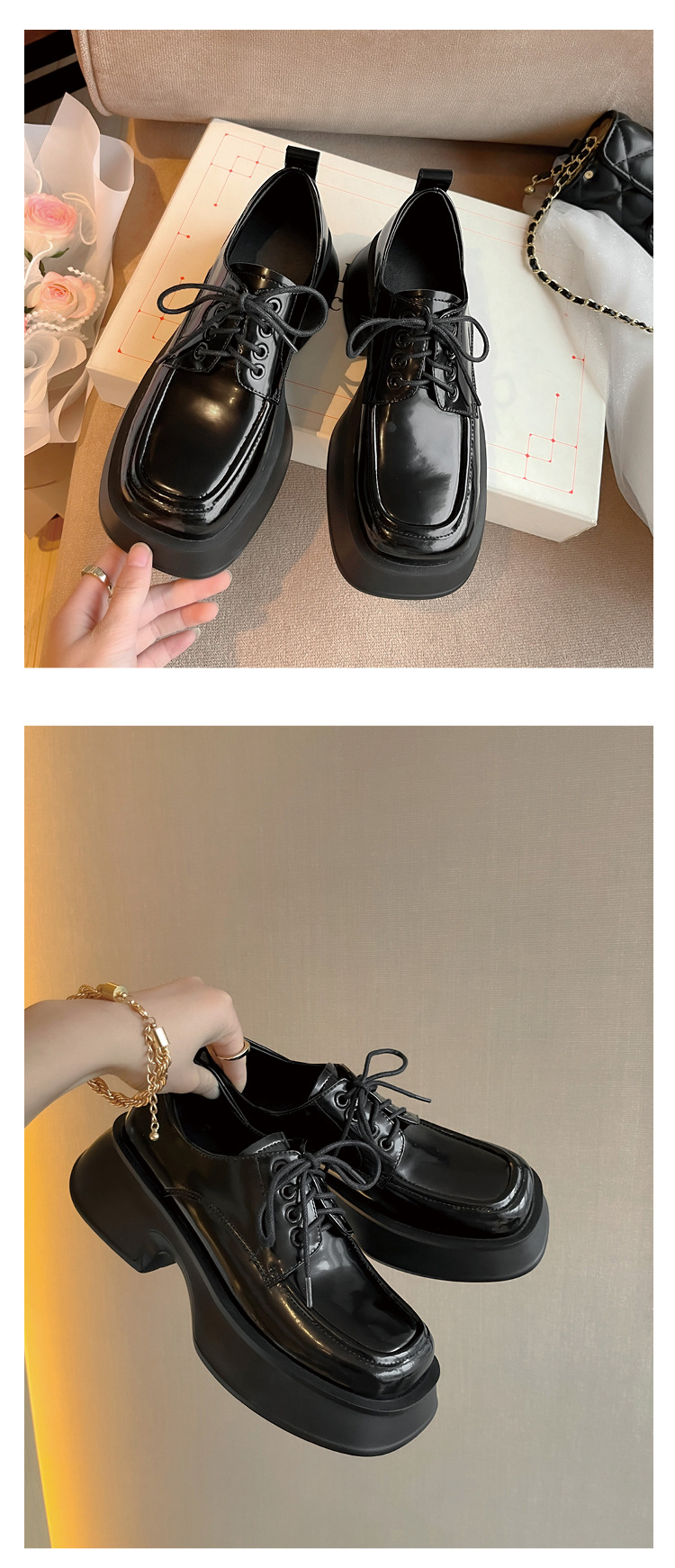 Giày loafer nữ đế xuồng buộc dây phong cách Pháp, gót platform 5 cm — màu đen chi tiết 13