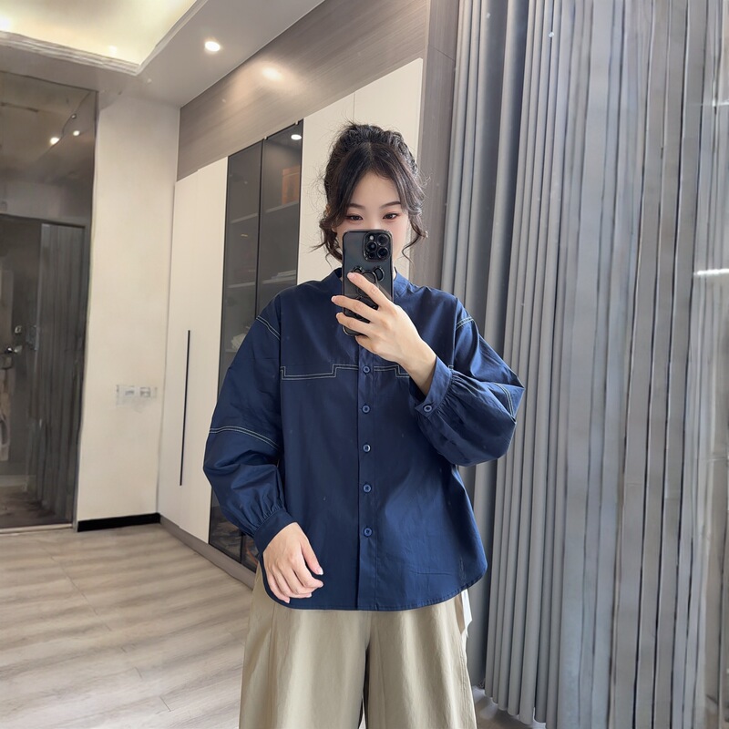 1505圆领泡泡袖长袖衬衫女秋季新款感宽松显瘦气质别致上衣|undefined