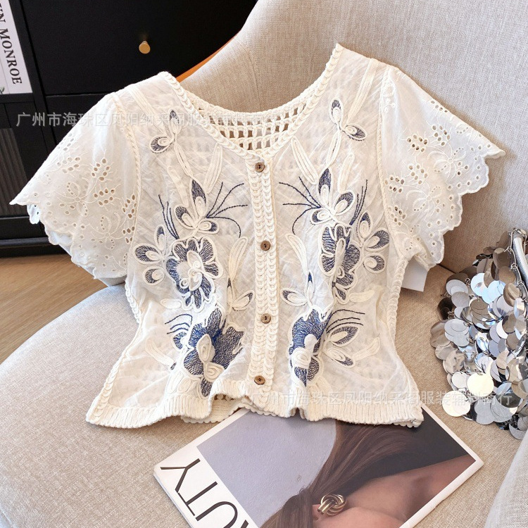 French High-End Embroidered Cut Out Lace Shirt for Women 2025 Summer New Outer Wear Ruffled Short Top