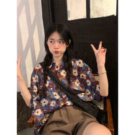 宽松港味古着风碎花短袖衬衫女个性潮牌慵懒休闲度假风衬衣上衣女