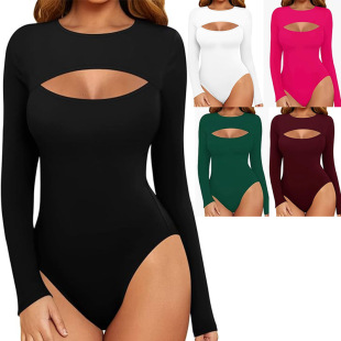 Cross-border Amazon ebay new hot selling European and American women's sexy round neck front hollow-out slim-fit long sleeve jumpsuit women