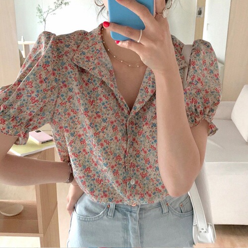 Summer Retro Collared Small Fresh Floral Blouse Bubblesleeve Loose Matchable Short Sleeve Shirt