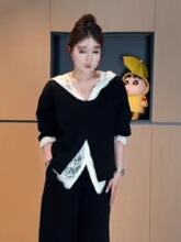 特大码斤胖蕾丝拼接卫衣三件套女春秋款时尚连帽慵懒风套装