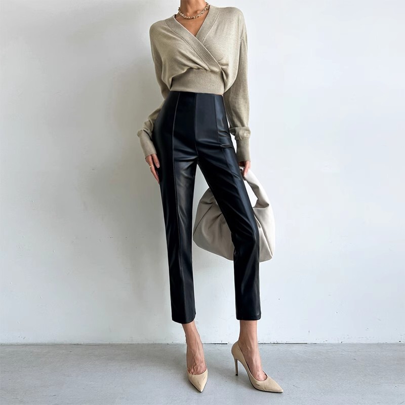 Women's Leather Pants for Outerwear 2026 Spring and Autumn New High-Waisted Cropped Slim Pants with a High-End Feel Pu Leather Straight-Leg Leggings
