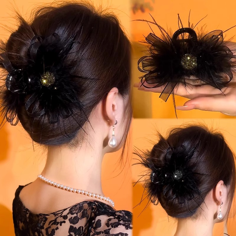 Plumas negras coreanas abrazadera de cabello de avestruz otoño femenino 2024 nuevo clip de cabello de alta calidad clip de cabello de tiburón grande clip de cabello