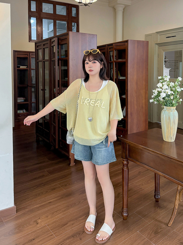 Shuangtian 2025 夏の新大きいサイズの女性のルーズレイジースタイルメッシュブラウスベスト 2 点セット 8998|undefined