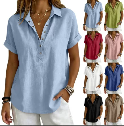 2026 European and American Hot-Selling Summer Women's Fashion Loose V-Neck Shirt Casual Cotton and Linen Top Short-Sleeved Shirt