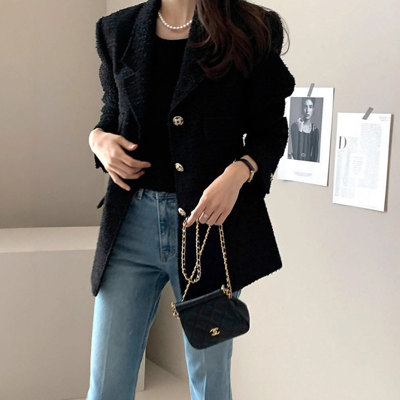 Korean Women's Fashion Dongdaemun High-End Chic Chanel-Style Jacket Slim Fit Faux Pocket Tweed Blazer