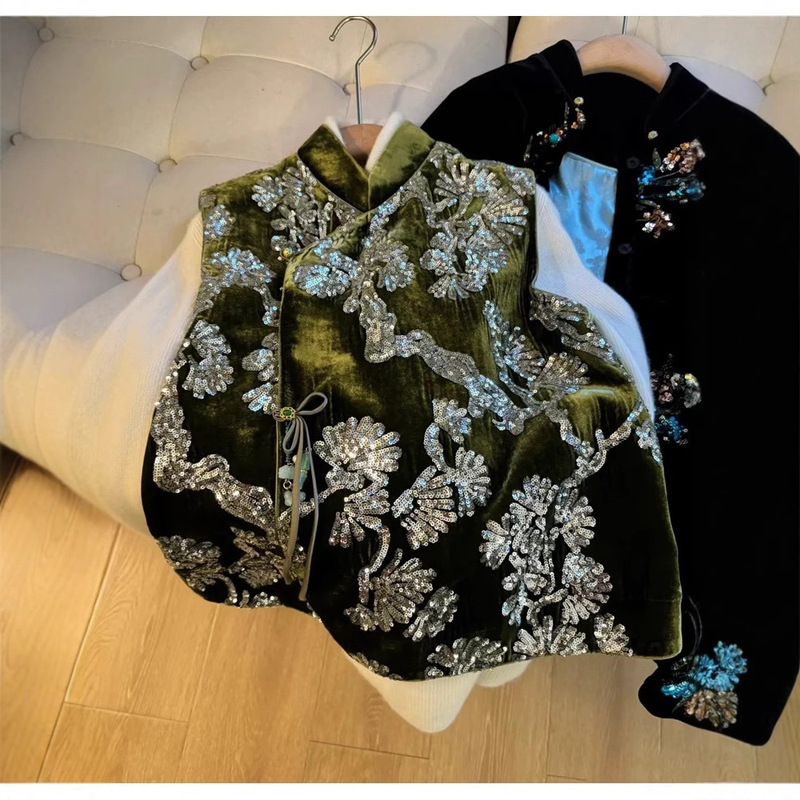 High-End Outfit Heavy Sequin Embroidery New Chinese Style National Style Vest for Women 2025 Winter Unique Velvet Retro Jacket