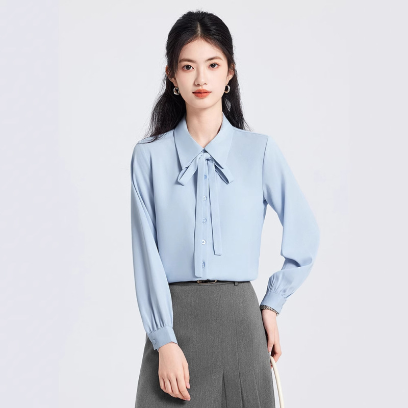 Blue shirt women's 2025 new spring and autumn teachers wear bow shirt professional attire college students interview top