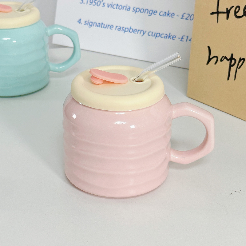 Hermosas tazas de paja de cerámica, tazas de oficina en el hogar con tazas de agua cubiertas, tazas de gran capacidad para niñas, tazas esmaltadas para hombres