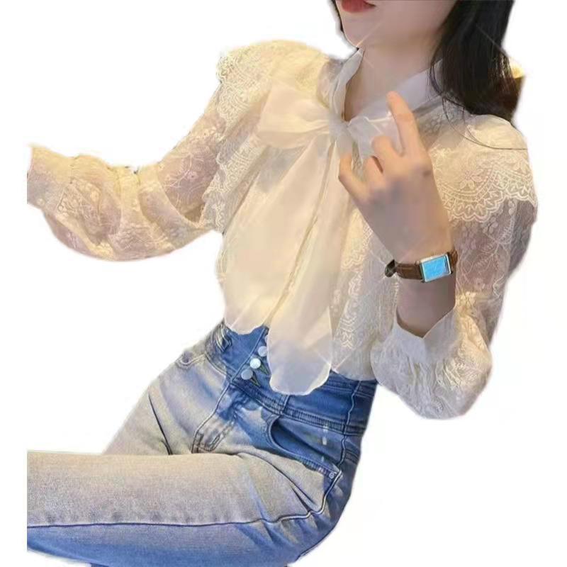 Design Sense Niche Bow Long Sleeve Lace Women's Autumn French Elegant Small Shirt European Goods Flying Sleeve Top