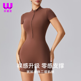 European and American yoga jumpsuit women's half-zipper tight elastic summer dance sports short-sleeved hip waist fitness suit