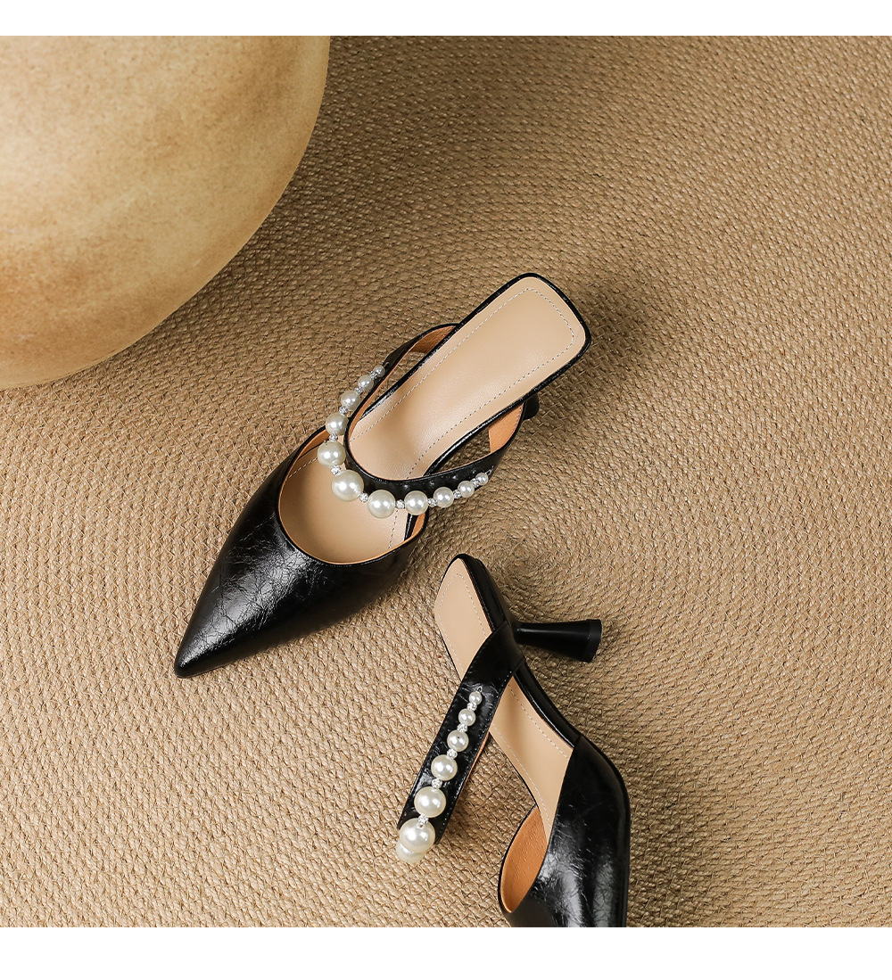 Giày sandal cao gót nữ mũi nhọn da bò, gót mảnh 9 cm, phong cách nữ thần — đen chi tiết 16