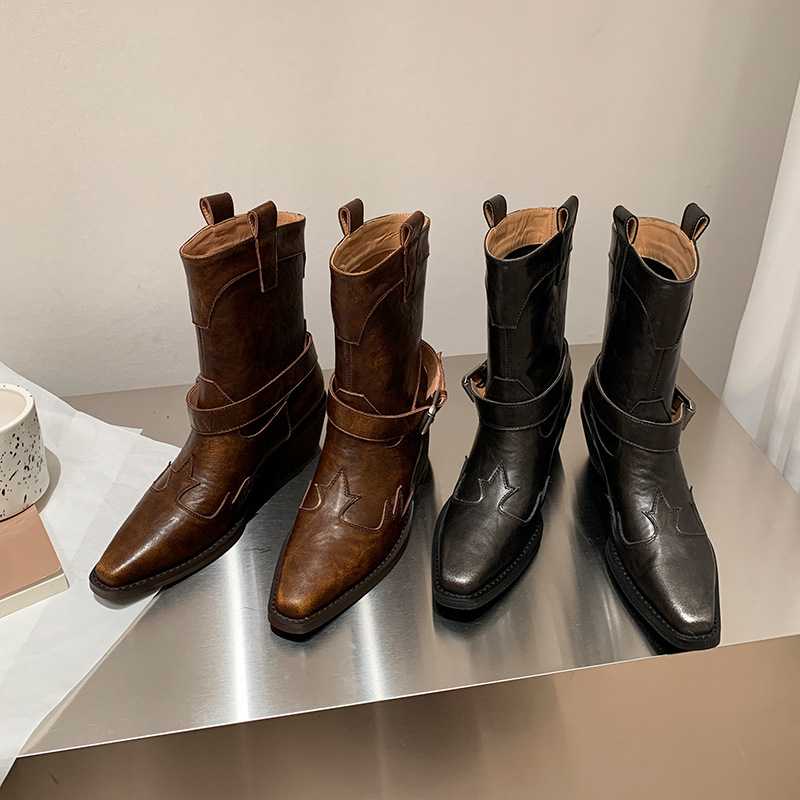 Boot nữ cao gót mũi nhọn chữ V kiểu cowboy gót thô khóa thắt lưng — Màu nâu [lót nhung] chi tiết 9
