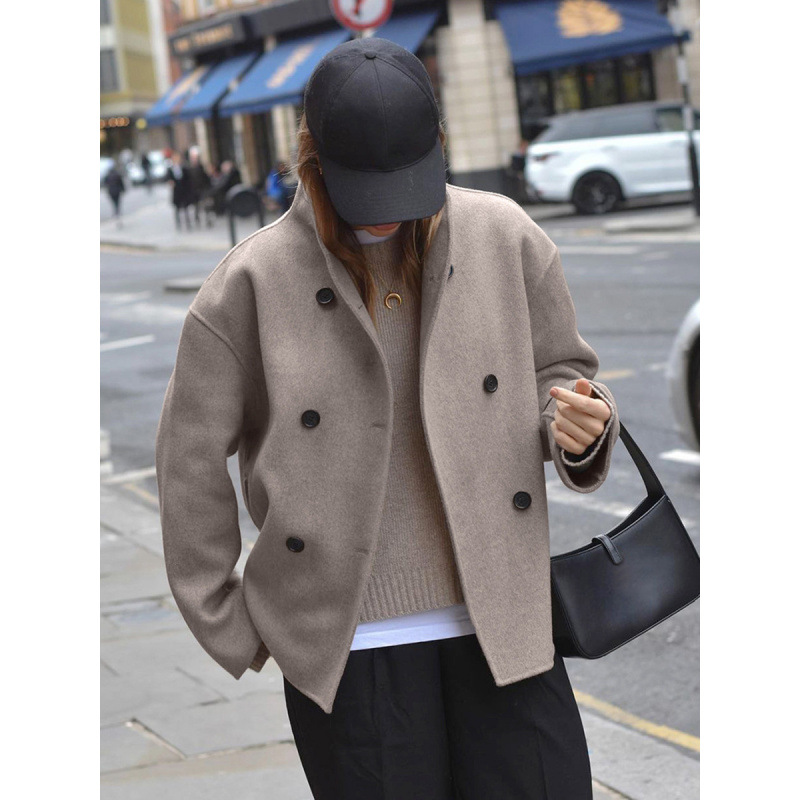 A Brown Double-Breasted Woolen Coat For Women, A Mid-Length Women's Winter Thickened Woolen Overcoat_ecoleips.com