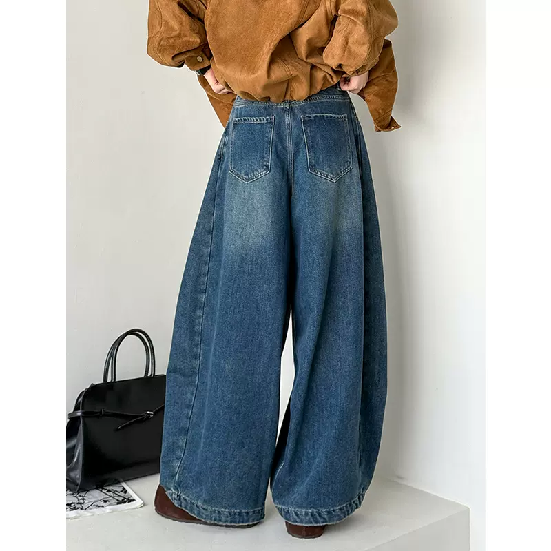 橘芷秋冬新款加绒休闲裤复古慵懒宽松裤子阔腿牛仔裤弯刀裤55172