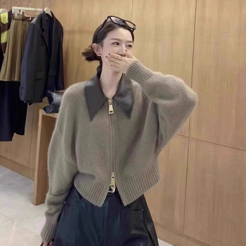 European High-grade Leather POLO Collar Stitching Knitted Cardigan Double-head Zipper Lazy Style Raccoon Velvet Jacket for Women