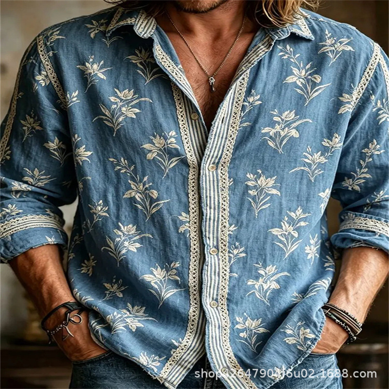 2026 Retro Vintage Floral All-Over Print Long-Sleeve Shirt with Khaki Base Color, Casual Vacation Men's Shirt