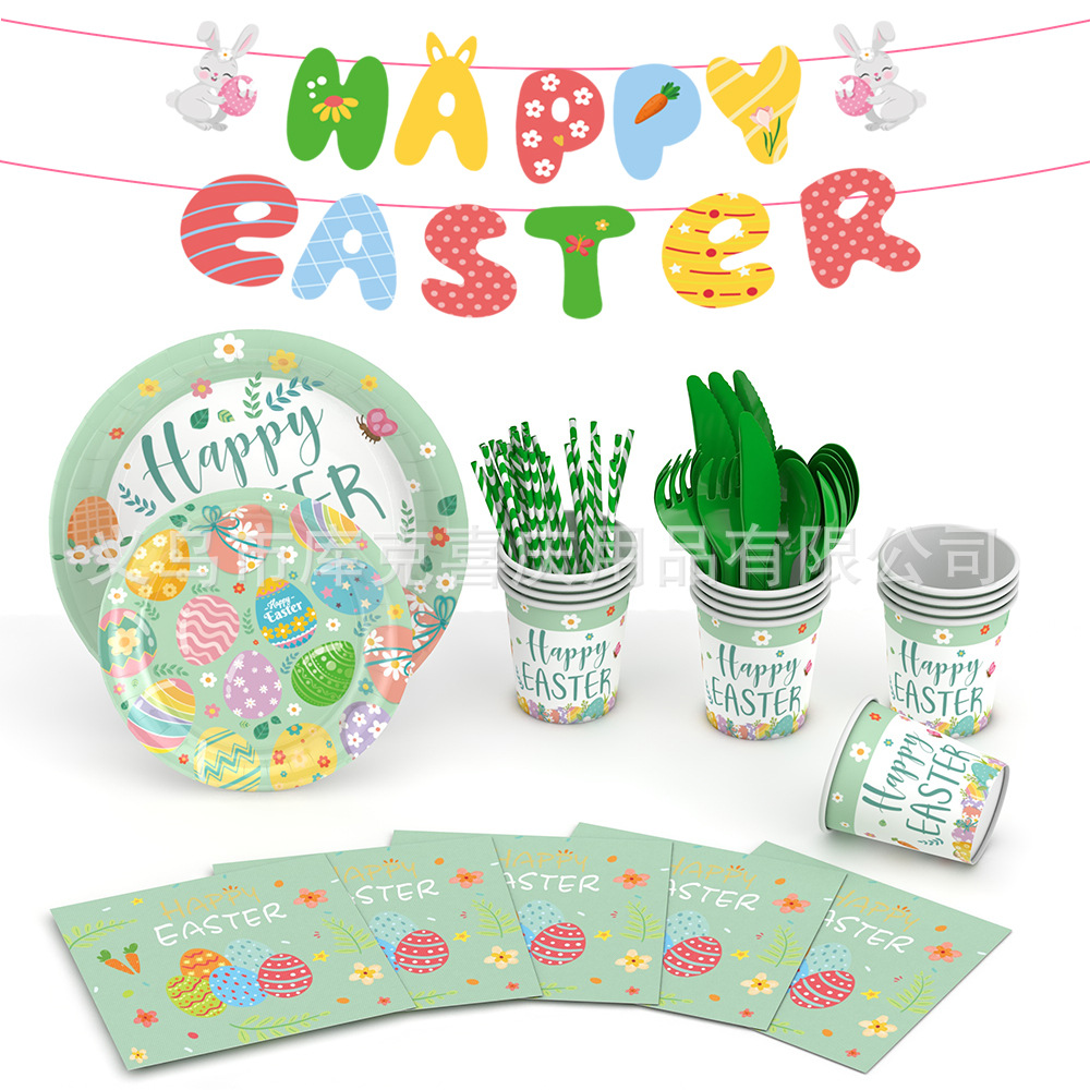 Nuevo Conejo de Pascua tema suministros de decoración plato de papel desechable taza de papel tire bandera decoración del partido traje