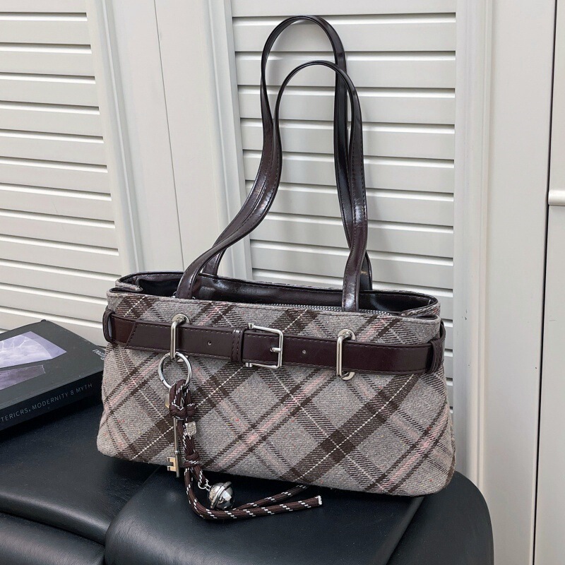 Textured Plaid Bag for Women, Retro 2026 New Style, Chain Plaid Shoulder Crossbody Bag, Work Commute Tote Bag