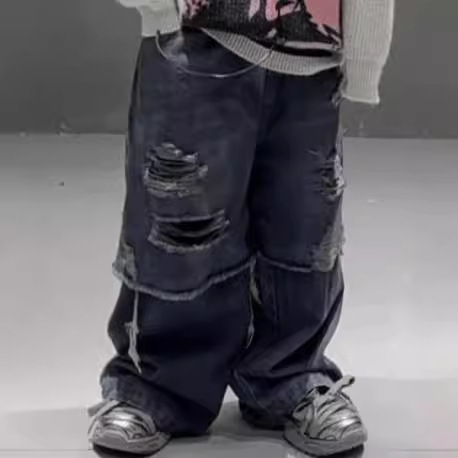 Baoquan Apparel Children's Autumn Distressed Washed Ripped Jeans, American Retro Distressed Straight Wide-Leg Pants