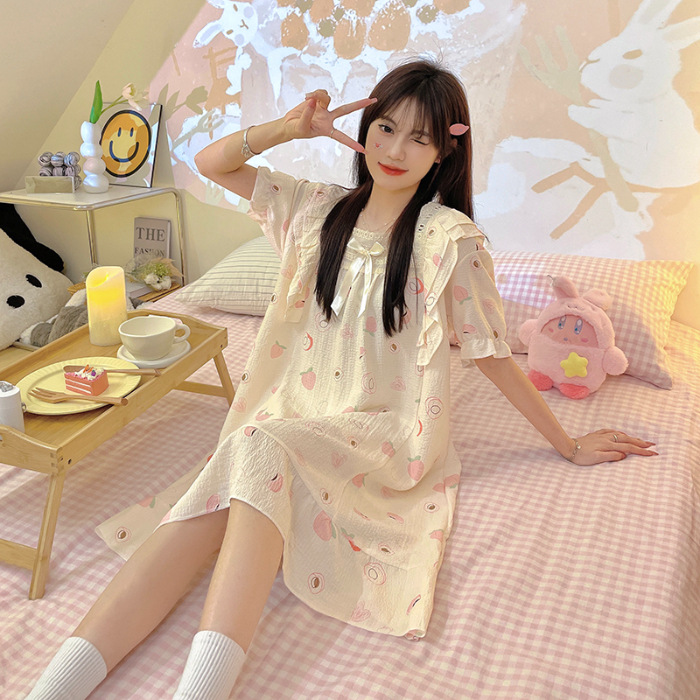 Pijama de mujer de verano tejido espuma tejida tela arrugada pijama de mangas cortas princesa vestido de viento suelto vestido de casa de verano