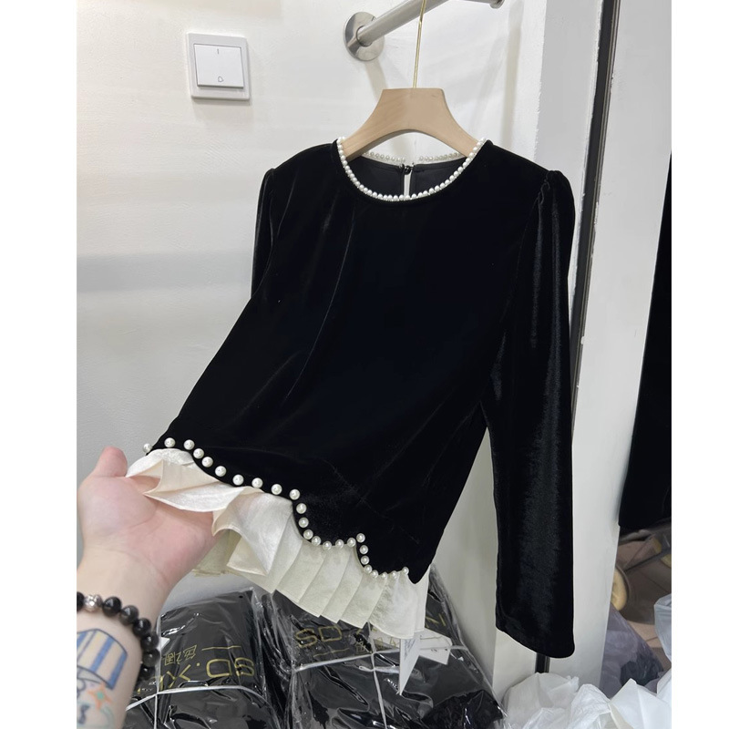 春秋新款下摆拼接重工百褶钉珠衬衫大码宽松减龄圆领上衣女潮流爆|undefined