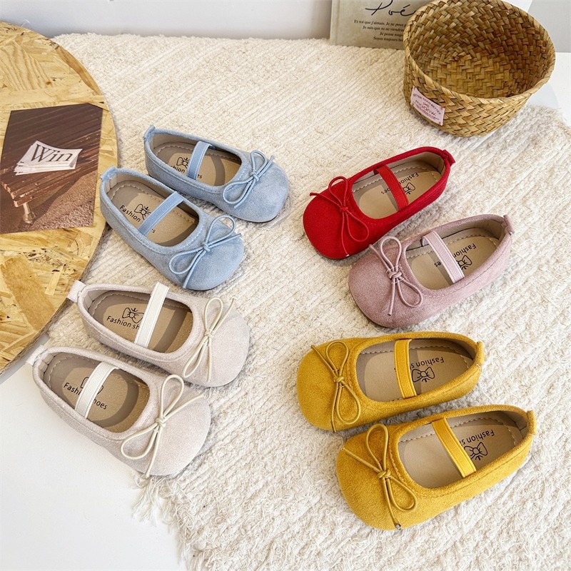 Girls' Flat Velvet Shoes 2025 New Ballet Style Elastic One-Line Shallow Mouth Sweet Bow Princess Shoes