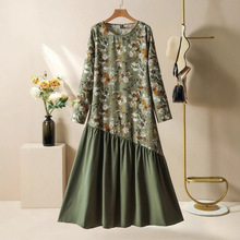 2025新款跨境欧美外贸女装加大码宽松休闲长裙圆领多色印花连衣裙
