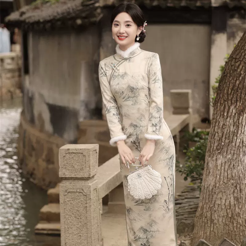 2024冬季新款 加毛加厚 长款侧扣旗袍 山水画中国风立领长旗袍