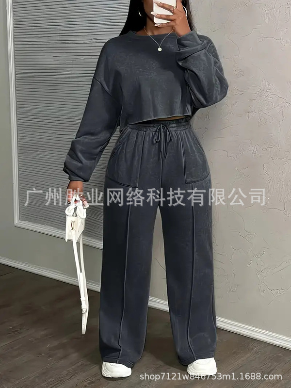 2025欧美跨境外贸春秋新款女装时尚宽松高腰长袖上衣休闲裤子套装|undefined