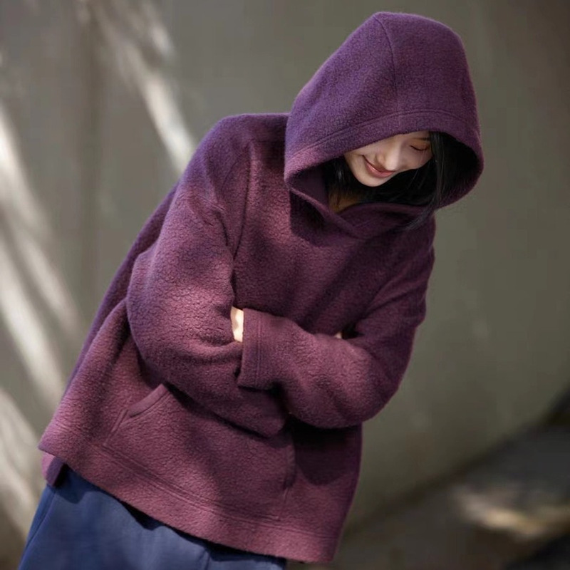 Spring and Autumn Style Prune Purple Fleece Fashionable Versatile Women's Thick Hooded Sweatshirt Loose Fit Spring and Autumn Style Prune Purple Fleece Fashionable Versatile Women's Thick Hooded Sweatshirt Loose Fit