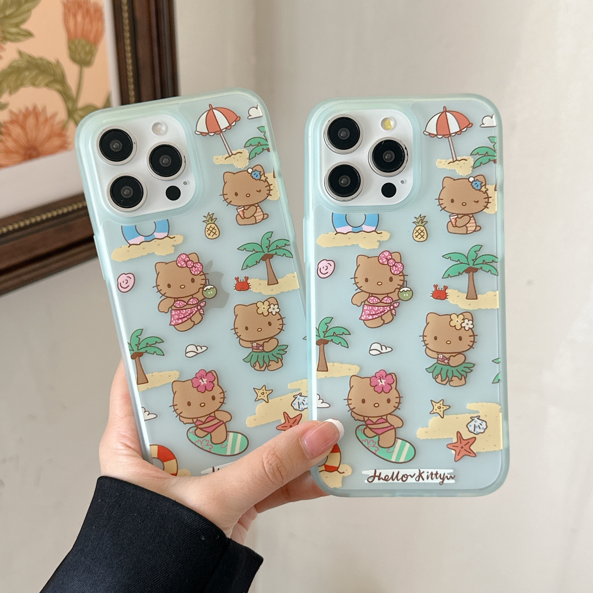 Verano fresco cuero negro KT gato para Apple 16ProMax funda para teléfono móvil 15Pro Coconut 14 pareja 15PM