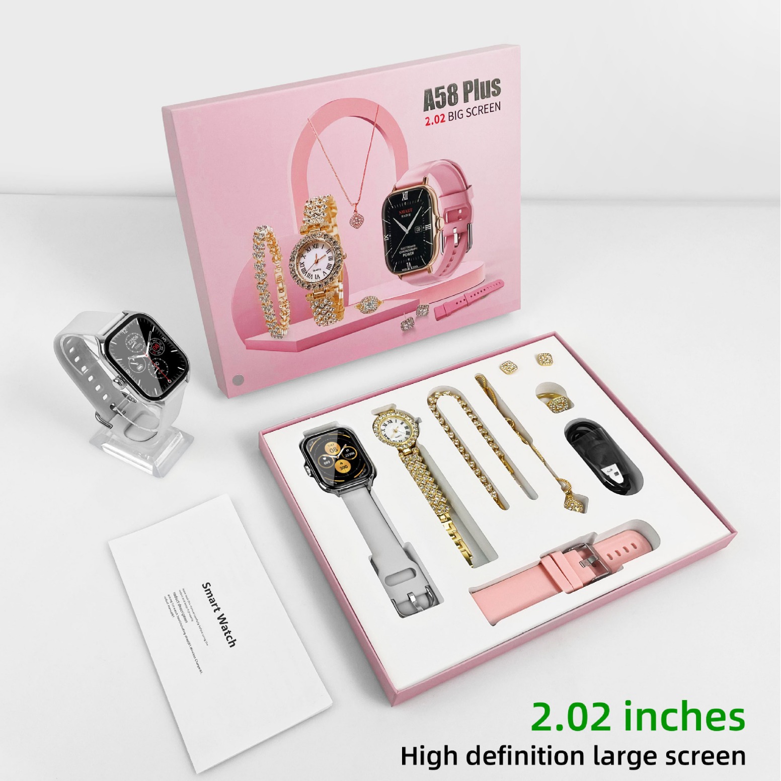 Reloj inteligente Huaqiangbei A58Plus con llamadas Bluetooth, reloj pequeño dorado con diamantes, completamente equipado con joyas, batería de larga duración, versión Bluetooth.