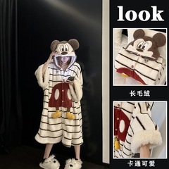 可爱卡通米奇珊瑚绒睡衣女冬季法兰绒披肩加绒加厚斗篷家居服睡袍
