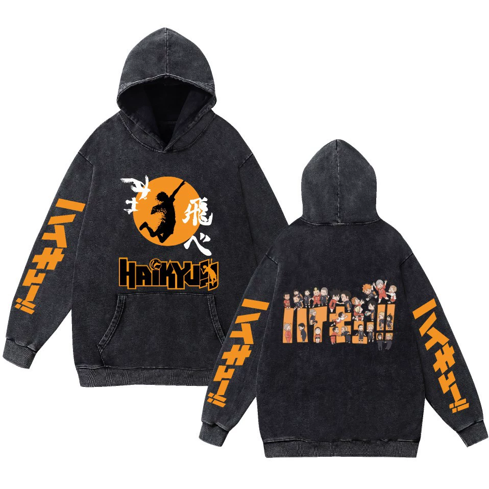 Потертый ретро хлопковый волейбольный худи в стиле Haikyuu!! с капюшоном для мужчин и женщин