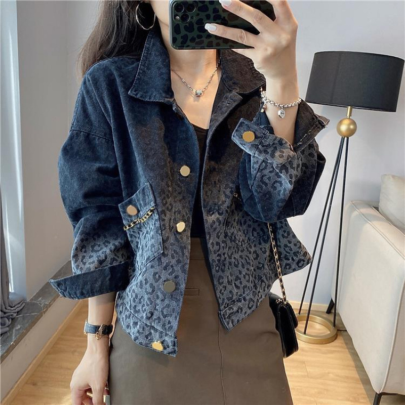 Black Retro Leopard Print Denim Jacket for Women Spring Fashion Short-Sleeve Coat 2025 New Arrival European Style