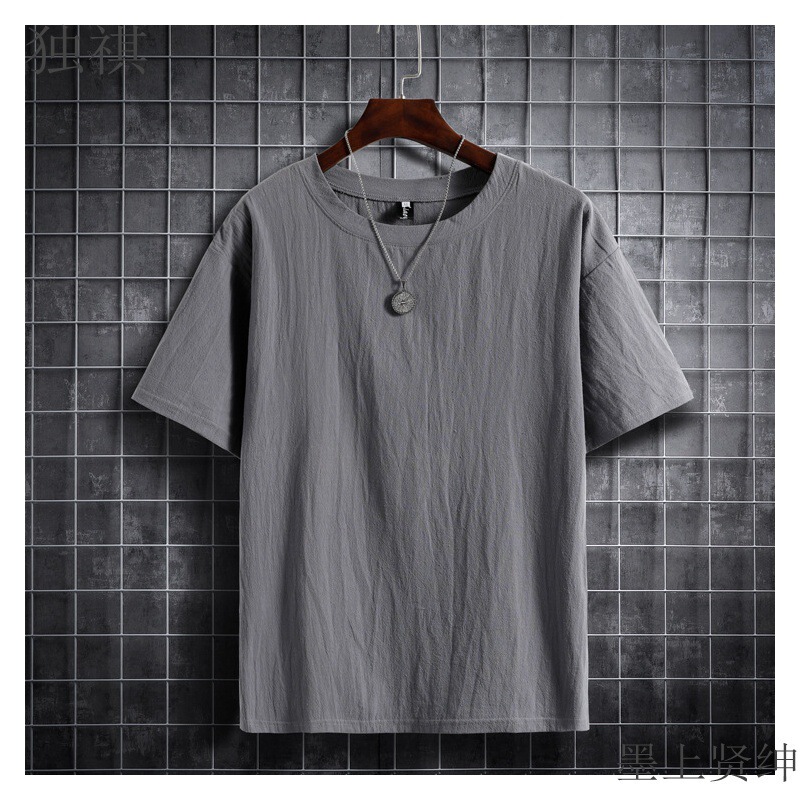 Summer Wholesale Cotton and Linen Short-sleeved T-shirt Men's Japanese Style Retro Solid Color Loose plus size Men's Linen T-shirt Top Trendy