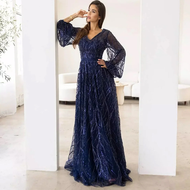 2025 Cross-border European and American Sequins dress Simple V-neck Tassel Bead Lace Long Party Party dress 2025 Cross-border European and American Sequins dress Simple V-neck Tassel Bead Lace Long Party Party dress