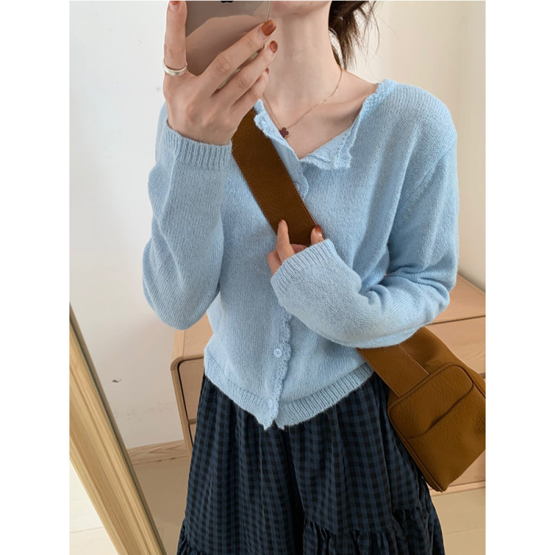 松弛感早秋新款木耳边糖果色针织衫女韩系纯色温柔马海毛毛衣开衫|undefined