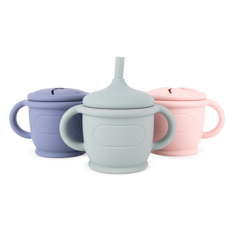 厂家直供儿童硅胶吸管杯 二合一训练杯 防泼洒防摔双耳学饮杯