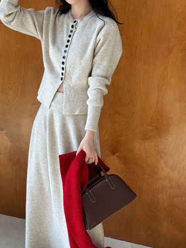 Luxe French-Style Round Neck One-Button Cardigan Top + Skirt Set, Little Shouchang Windy Dress, Size SS366