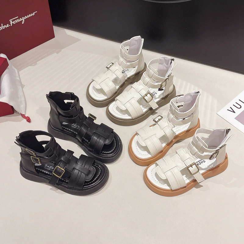 Римские сандалии для девочек, новинка лета 2024, сандалии на мягкой подошве в корейском стиле для маленьких девочек, детские туфли среднего и большого размера с открытым носком