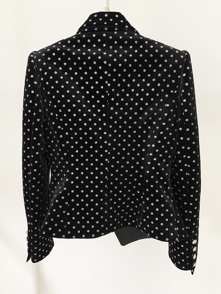 Veste de costume en velours à pois coupe slim à boutons de lion pour femme_voghion.com