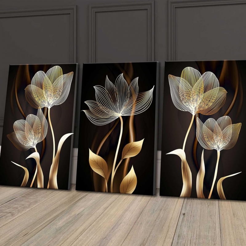 2026 A2203 TEMU almacén en el extranjero comercio exterior negro y oro flor temático conjunto de pintura de lienzo mural