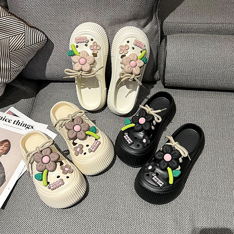 Women's Hole Shoes Summer Hollow Non-slip Deodorant Sandals Thick Sole Slip-on Office Baotou Slippers for Women