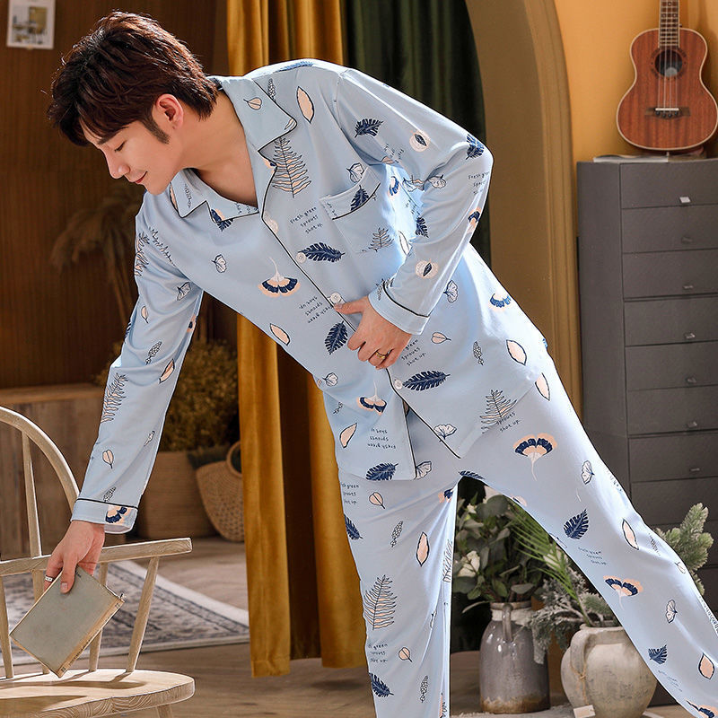 Pijamas de primavera y otoño de algodón de manga larga para hombres pijamas de otoño e invierno para hombres jóvenes de mediana edad delgada día de verano traje de uso doméstico