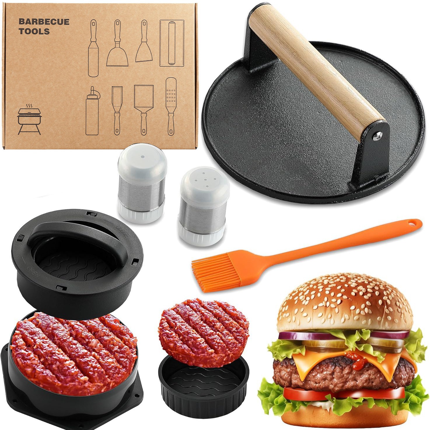 Amazon Cross-border Hot Hot Ferry Pressing Plate Round Burger Pressing Cake Mold Set de herramientas de barbacoa al aire libre